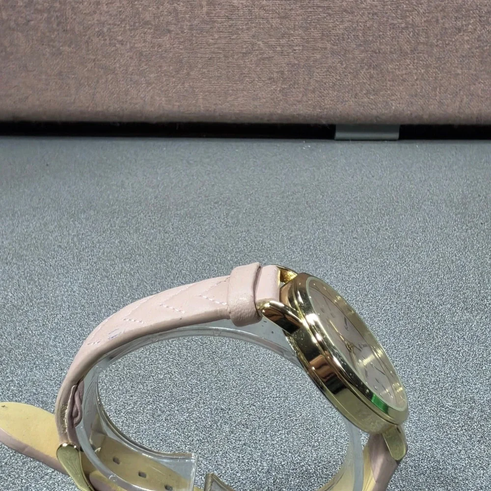 Nine West Watch Womens OS Pink Fair Quilted Strap Gold Tone Crystal Markers